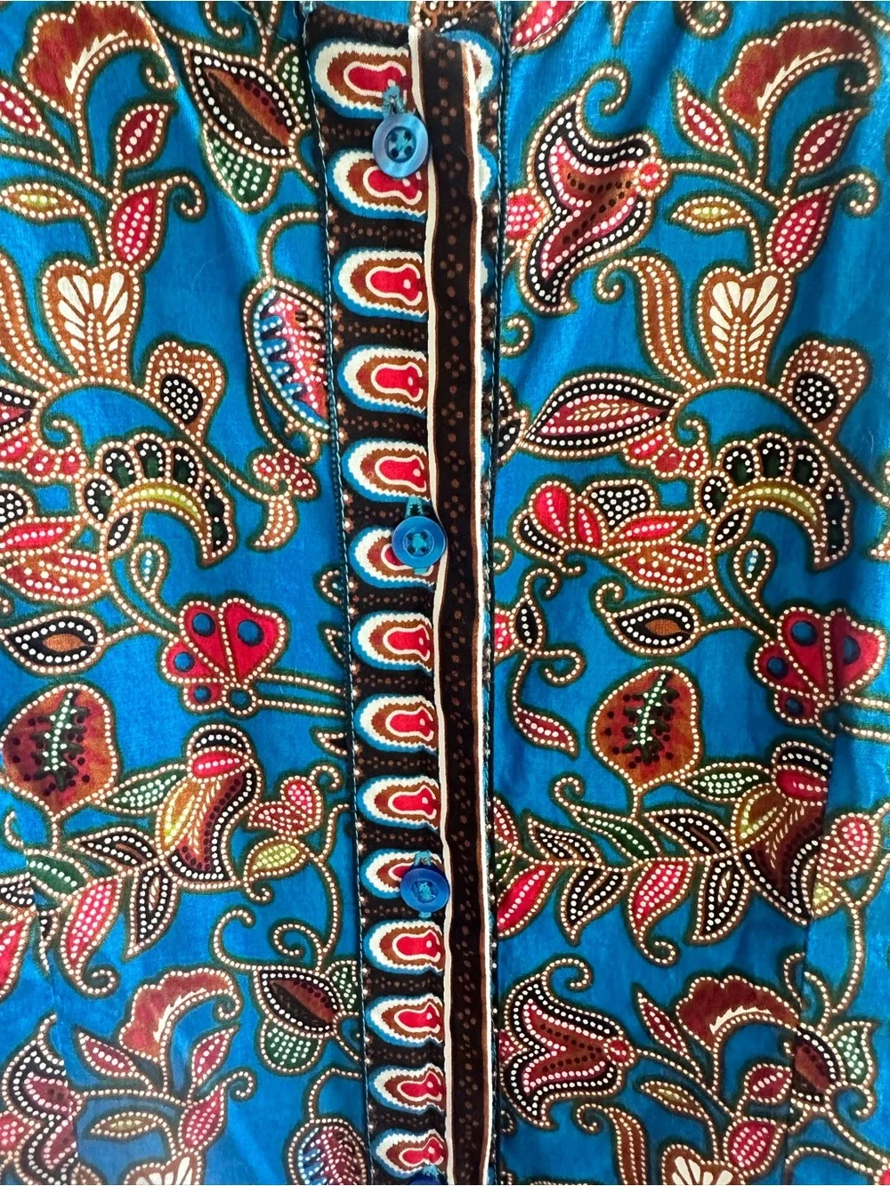 Ethnic batik cotton Blue Floral Sleeveless Midi Dress embroidered button front